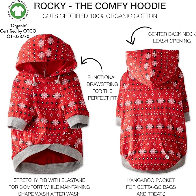 Pet Passion Rocky – The Original Lightweight Hooded Tee 100% Organic Cotton Dog Hoodie Pet Coat Sweater for All Sized Dogs, Red Fair Isle, X-Large (55-80 lbs)