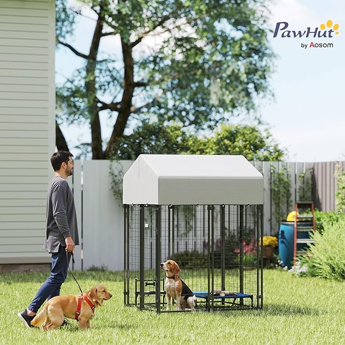 PawHut Outdoor Dog Kennel with Roof, 4' x 4' x 6' Heavy Duty Welded Wire Dog Playpen Enclosure with Escape-Proof Lock, UV-Resistant & Waterproof Cover, for Medium Dogs, Chickens, Ducks, Silver