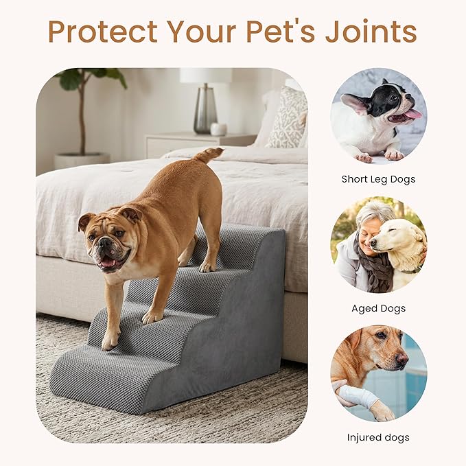 HealSmart Dog Stairs for Small Dogs, 4-Step Curved Design Pet Steps for Puppies & Senior Cats, High-Density Foam Indoor Non-Slip Ladder, Perfect for Sofa Couch and Chair Furniture Access, Gray