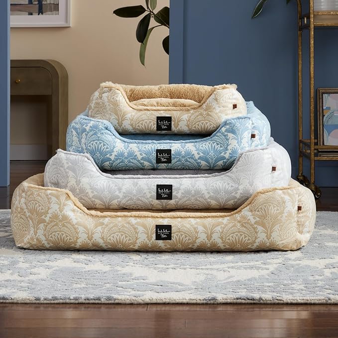 Nicole Miller NEW YORK PET Mod Damask Plushy Bolster Pet Bed, Cozy & Calming, Non-Slip Bottom, Machine Washable Cover, Taupe, Large 35"x28"x8"
