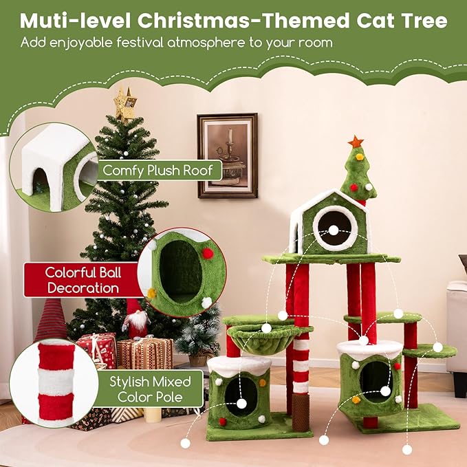 PETSITE 58 Inch Cat Christmas Tree, Multi-Level Cat Tower with 3 Cat Condos, Cat Self Groomer, Side Basket, Faux Christmas Tree, and Anti-Tipping Kit, Christmas-Themed Cat Tree for Indoor Cats