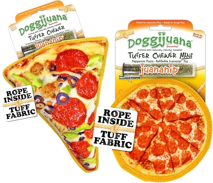 Doggijuana Cafe Combo Refillable Juananip Toy Bundle | Supreme Pizza & Pepperoni Pizza | Funny Dog Toy Plush with Catnip and Refill | Interactive Chew for Play