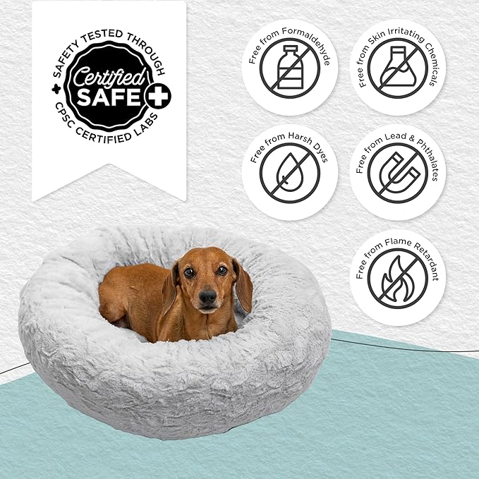 Best Friends by Sheri The Original Calming Donut Dog Bed for Small Dogs up to 25 lbs, Lux Faux Fur, Gray, 23" x 23"