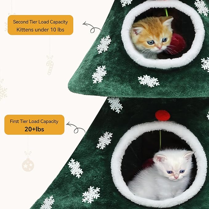 DWVO Christmas Cat Houses for Indoor Cats, Christmas Cat Tree Tower with 2 Cozy Houses, Kitty Furniture with Teaser Plaything for Christmas Decoration
