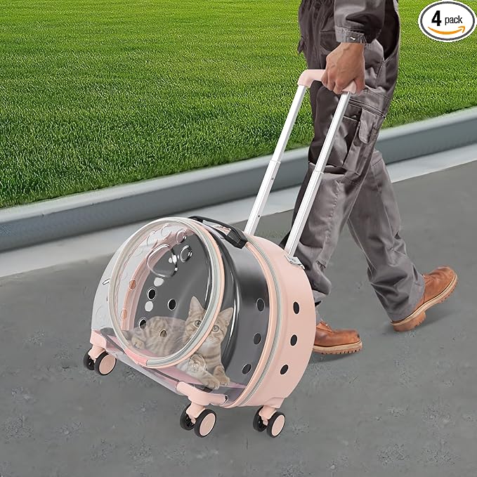 4-Wheel Rolling Cat Carrier, Hard Shell Pet Carrier with Ventilation Holes, Adjustable Handle Cat Travel Carrier, Lightweight Pet Stroller for Airplane, Car, Fits Pets up to 19.8lbs (Pink)