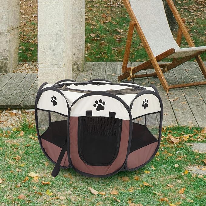 TOYANDONA Portable Pet Playpen Octagonal Dog Kennel with Oxford Fabric, Large Foldable Indoor Outdoor Exercise Tent for Small Dogs and Cats, Coffee Tone Small Size