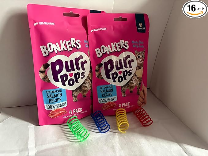 Bonkers Purr Pops Lip Smackin' Salmon Freeze Dried Cat Treats, 4 Count, 2 Pack Bundle with 4 Spring Toys, All Life Stages
