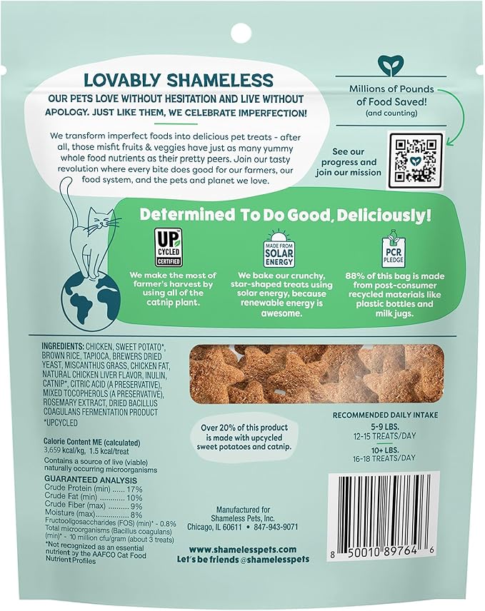 Shameless Pets Crunchy Cat Snacks & Treats – Healthy Cat Treats for Indoor Cats & Kittens with Catnip, Real Chicken & Digestive Support, Catnip N Chill (2.5 oz)