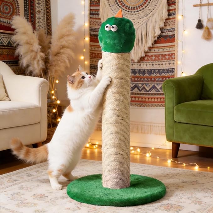 Cat Scratching Post for Small Space, 22'' Scratching Posts for Indoor Cats Adults, Extra Wide 13.4" Stable Base & Natural Sisal, Cute Cat Scratching Post with Short Plush Fabric for Indoor Cats, Green