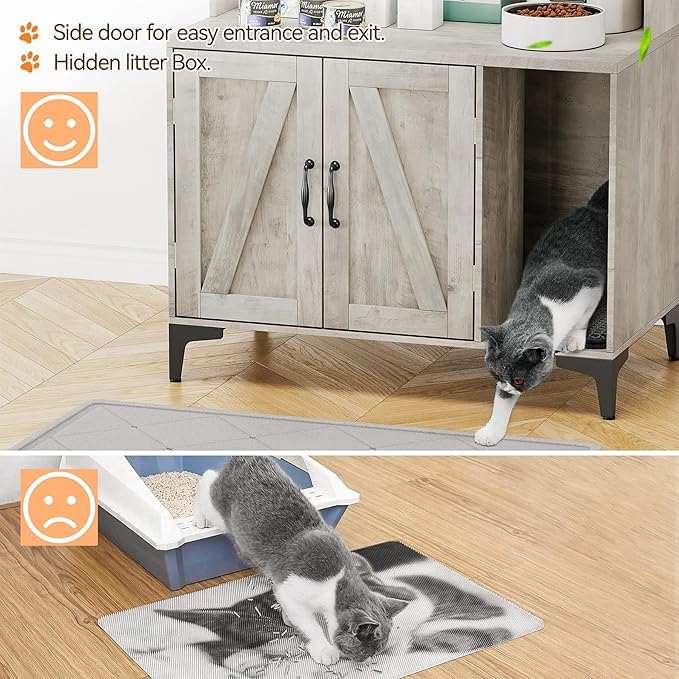 Garvee Cat Litter Box Enclosure with Shelves,Hidden Cat Box Furniture,Litter Box Cabinet with Scratching Mat,Wood Sturdy Cat Washroom Storage Indoor, Gray