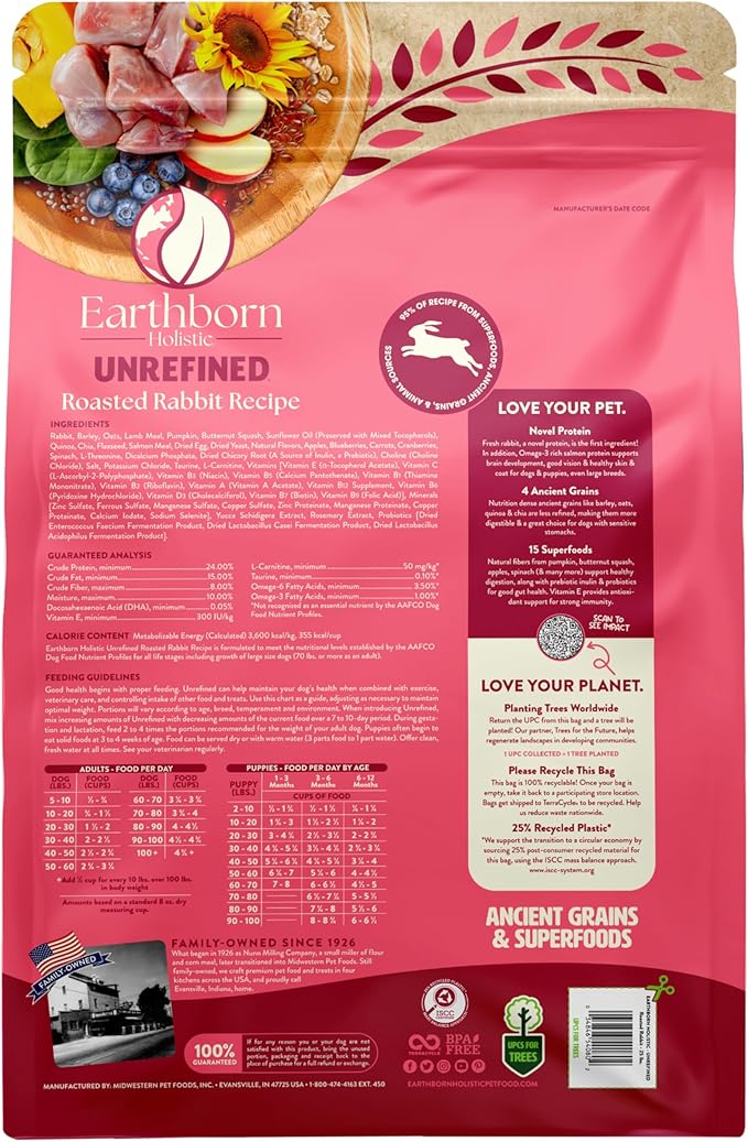 Earthborn Holistic Unrefined Roasted Rabbit Dry Dog Food, Ancient Grains & Superfoods, Pea-Free Recipe, 25 lb Bag