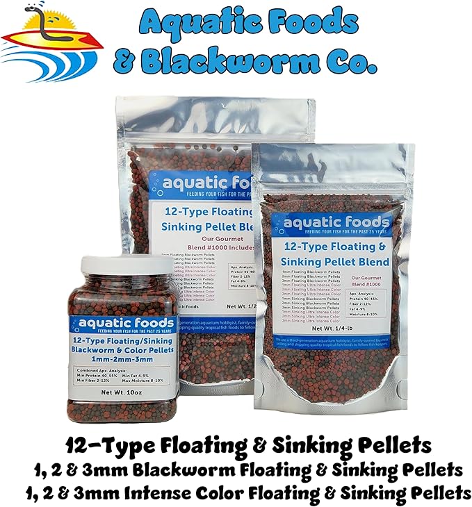 12-Type Ultra Mix of 1mm, 2mm, 3mm Floating & Sinking California Blackworm and Intense Coloring Pellets for All Tropical Fish & Pond Fish...1/4-lb Bag