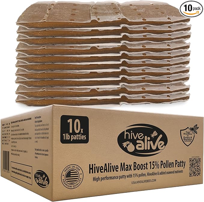 HIVE ALIVE Pollen Patty for Honey Bees – 10lb (10x1lb) Pollen Patties and Bee Food for Spring with 15% Real USA Pollen, Seaweed and Amino Acids to Support Brood and Colony Health