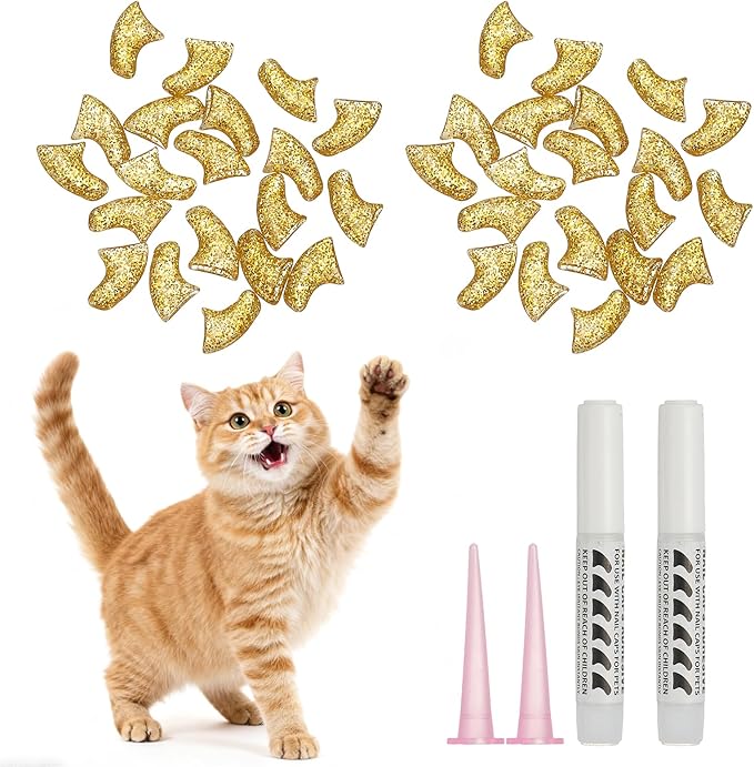 Cat Nail Caps, Cat Claw Covers with Adhesive Glue and Applicators, Kitten Claw Caps Soft Paws, (40 Pcs, XS, Crystal Gold), Intended for Pet Tips/Nail Covers/Control Paws