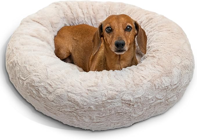 Best Friends by Sheri The Original Calming Donut Dog Bed for Small Dogs up to 25 lbs, Lux Faux Fur, Oyster, 23" x 23"