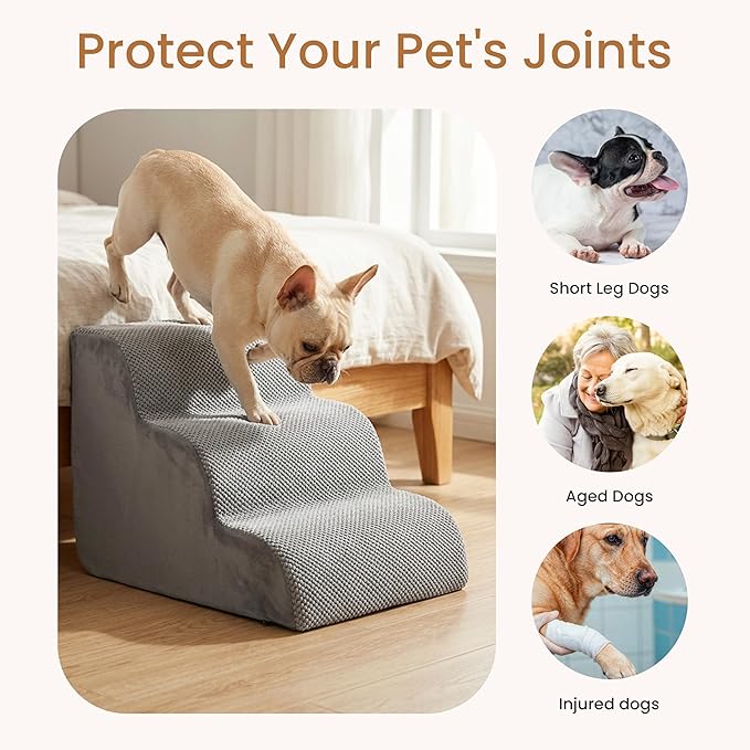 HealSmart Dog Stairs for Small Dogs, 3-Step Curved Design Pet Steps for Puppies & Senior Cats, High-Density Foam Indoor Non-Slip Ladder, Perfect for Sofa Couch and Chair Furniture Access, Gray