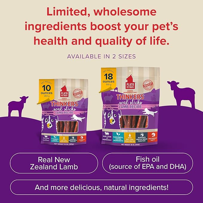 Plato Pet Treats Thinkers - Meat Sticks for Dogs - Limited Ingredient Treats with EPA and DHA to Support Skin, Coat, and Brain - Air-Dried - Lamb 18oz