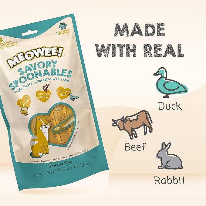 MEOWEE! Savory Spoonables with Real Chicken, Salmon and Duck for Cats, 8 Count, Treat Your Cat to Triple Flavor Squeezable Lickable Wet Treats with Built-in Spoon for Less Mess (Pack of 2)