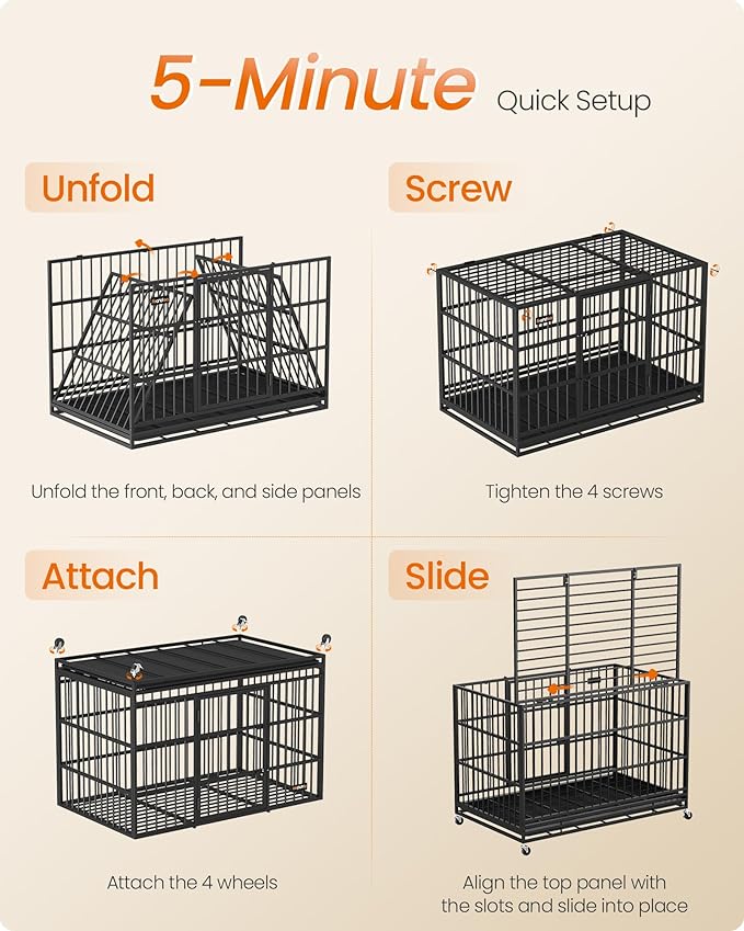 Feandrea Heavy-Duty Dog Crate, 5-Minute Quick Assembly, Foldable Dog Kennel Cage with Lockable Wheels, Double Doors, Escape Proof Fixed Bottom, Removable Tray, Easy to Clean, Ink Black, 48 Inch