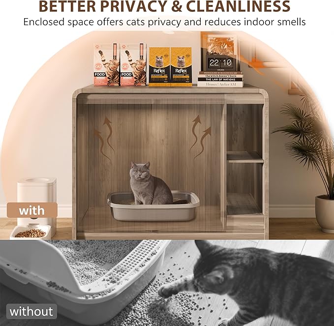 Cat Litter Box Enclosure for Automatic Litter Box, Litter Box Enclosure with Litter Collector and Power Outlet, Large Cat House with Adjustable Shelf for Dog Proof, Side Table, Grey