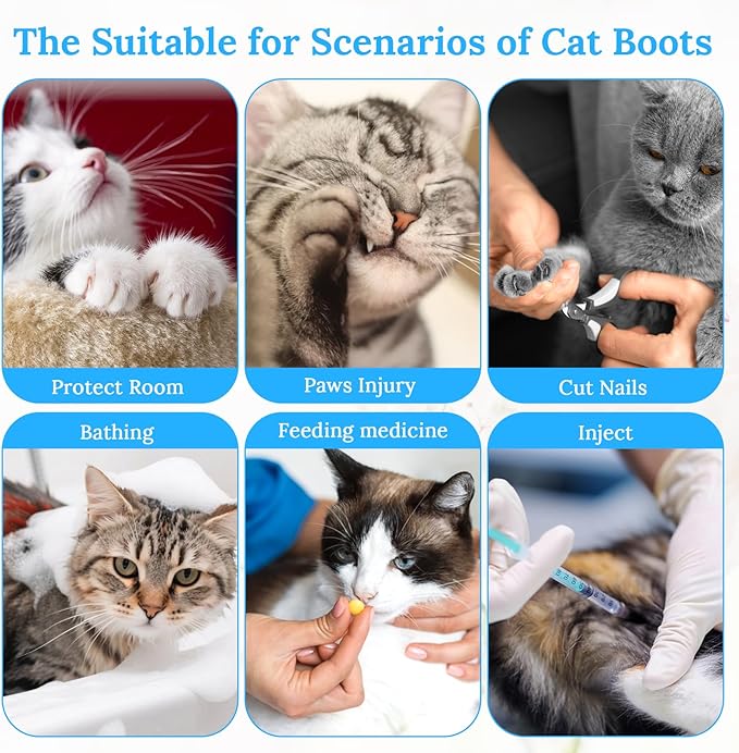Qianyu 4 Pcs Cat Boots Anti Scratch Mittens Gloves Mesh Cat Claw Protectors Foot Covers Adjustable Breathable Kitten Shoes to Prevent Scratching for Pet Bathing Feeding Cutting Nails Trimming