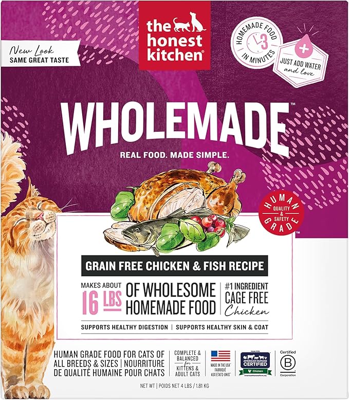 The Honest Kitchen Human Grade Dehydrated Grain Free Chicken & Fish Cat Food - Complete & Balanced Meal or Topper - 4 lb Box