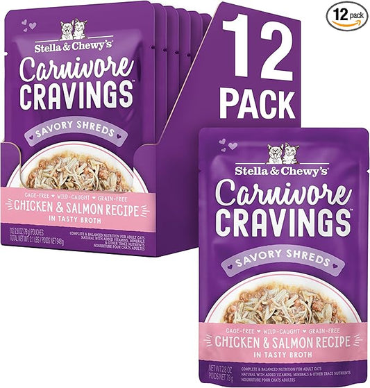 Stella & Chewy's Carnivore Cravings Wet Cat Food - Premium Pouches - Grain Free, High Protein Chicken & Salmon - Perfect for Picky Eaters - Complete Meal or Topper (2.8 oz, 12 Pack)