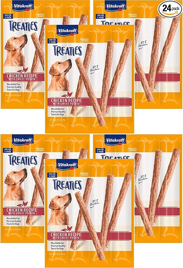 Vitakraft 24 Pack of Treaties for Dogs, Smoked Chicken Recipe with Sweet Potato, Munchable Treat Sticks