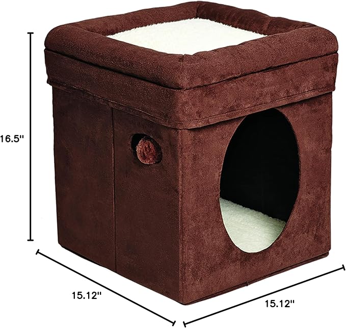 MidWest Homes for Pets Feline Nuvo Curious Cat Cube, Foldable Pet Hideout with Toy, Bolstered Bed Top, Faux Brown Suede, Synthetic Sheepskin