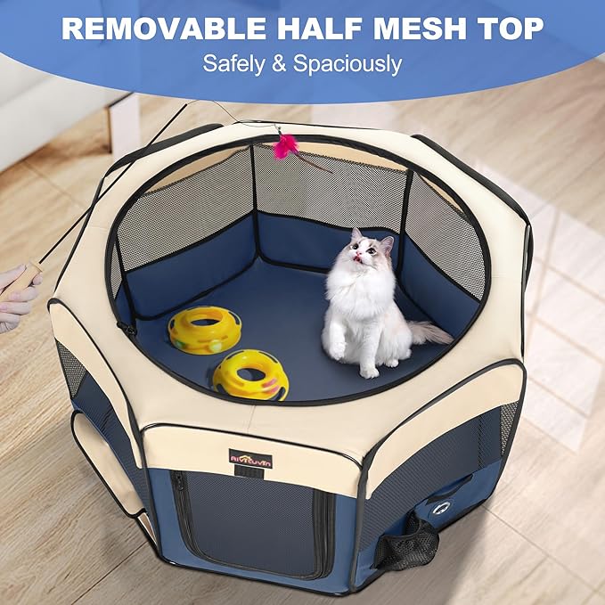 Aivituvin Dog Playpen, Foldable Pet Play Pens with Carrying Bag for Cat, Puppies, Rabbits, Portable Dog Tent Crates Cage for Travel Camping Indoor Outdoor, Removable Shade Cover, Blue L