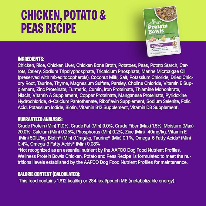 Wellness Protein Bowls Adult Wet Dog Food, Fresh Alternative, Wholesome Grains, Natural, Chicken, Potato, and Peas Recipe, 6.2 oz, Pack of 6 Pouches