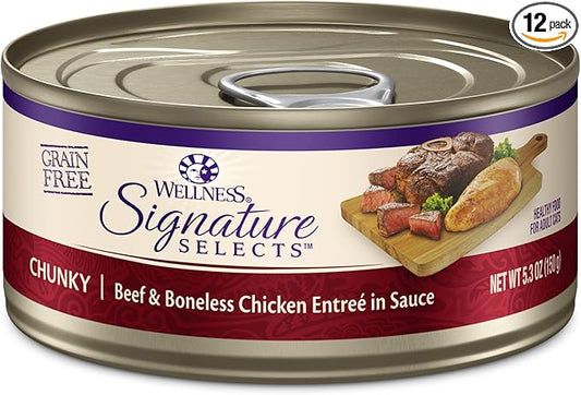 Wellness CORE Signature Selects Chunky Adult Canned Wet Cat Food, Natural, Protein Rich, Grain Free, Beef and Chicken Entrée Recipe, 5.3 oz, Pack of 12 Cans