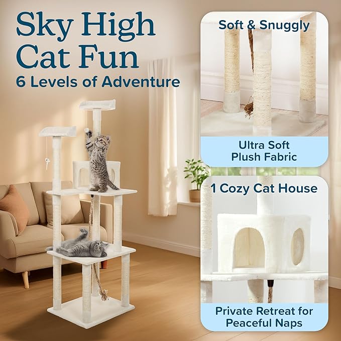 Cat Tree - 6-Foot Cat Tower for Indoor Cats with Napping Perches, Kitty Condo, 9 Cat Scratching Posts, 2 Hanging Toys, and Rope by PETMAKER (Ivory)