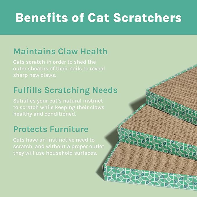 Kitty City 3‑Pack Corrgate Cat Scratcher Pads with Catnip - Horizontal Nail Filing Scratch Mat, Durable Couch Lounger Bed Alternative, Cat Scratch Toy - Cute Fish & Cats Design, Large 18.5” x 9.5”