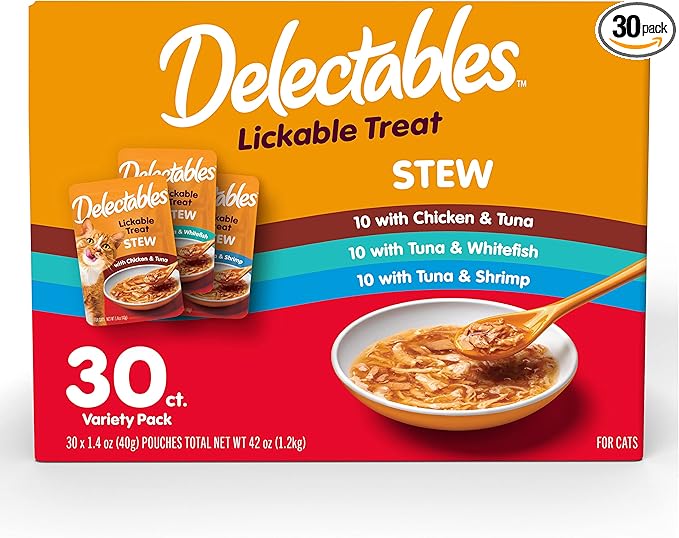 Delectables Lickable Treat Stew Wet Cat Treat Variety Pack, Food Topper, Hydrating, Grain-Free, No Fillers, No By-Products, No Added Preservatives, 1.4oz Pouch, 30ct