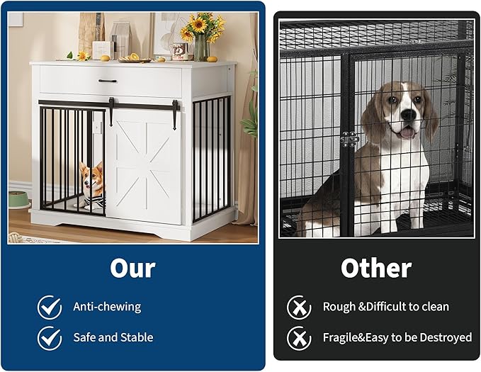 GarveeHome Dog Crate Furniture, 37.8" Large Dog Kennel Indoor, Wooden Kennel Table with Sliding Barn Door and Storage Drawer, Indoor Dog House for Large/Medium/Small Dogs