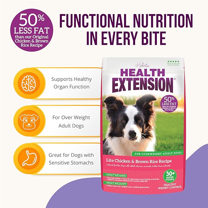 Health Extension Lite Chicken & Brown Rice Dry Dog Food, Low Fat Formula Supports Healthy Weight, with Probiotics & Superfoods for Digestion & Coat Health (1 lb)