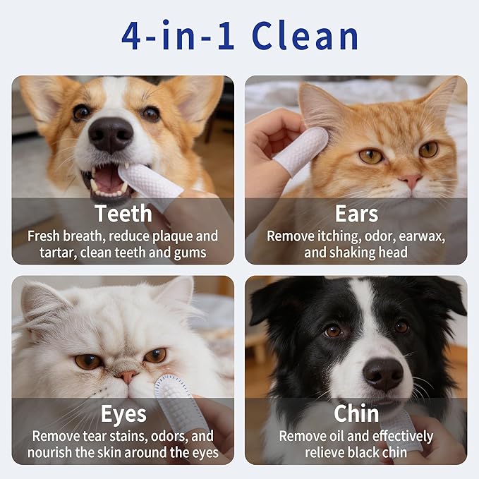 Cleaning Finger Wipes for Dogs and Cats, 4 in 1 Pet Finger Wipes, Cleaning, Soothing, Decodorizing Teeth, Ears, Eyes, Chin, Removes Dirt and Odors, Non Irritating, 50 Pcs (1 Count)