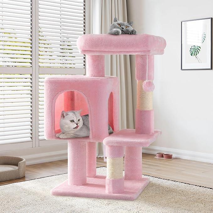 SHA CERLIN 29in Cat Tree for Indoor Cats, Multi-Level Cat Tower with Large Perch, Cozy Condo, Playful Toy Balls, Sisal Scratching Posts, Stable Pet Furniture Activity Center, Space-Saving, Pink