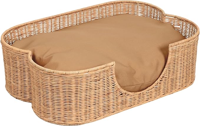 DBD1002B Scallop Handwoven Water Hyacinth Pet Bed with Machine Washable Cushion, 27" x 18.25" Wicker Cat and Dog Bed for Small to Medium Pets, Boho Tropical Style Basket, Light Brown