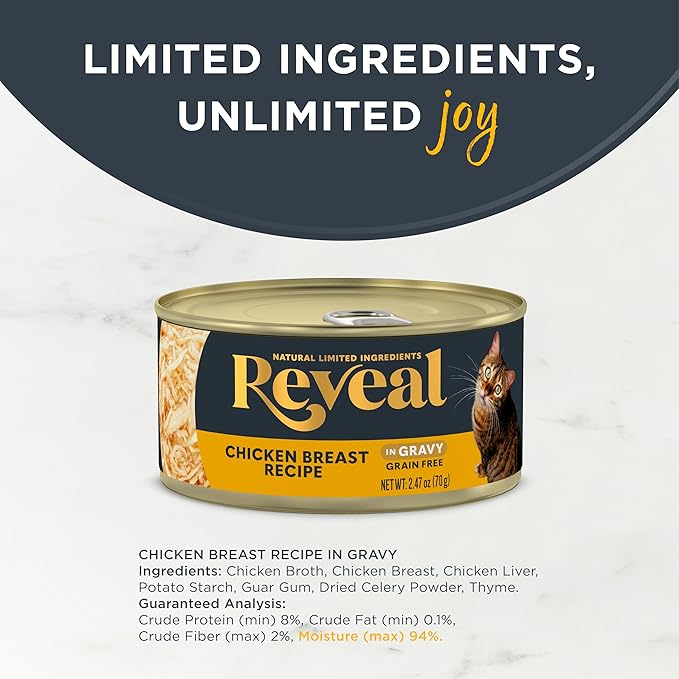 Reveal Natural Wet Canned Cat Food, Limited and Natural Ingredients, Grain Free, High Protein with No Artificial Additives, Chicken Breast in Gravy (24 x 2.47 oz Cans)