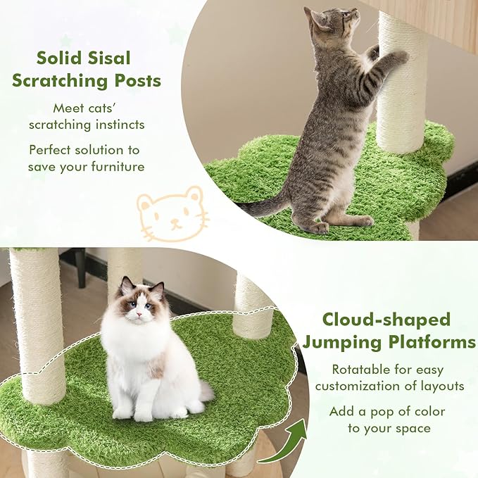Tangkula Cat Tree Tower, Multi-Level Modern Wood Cat Tower with Sisal Scratching Posts, Jumping Platforms, Perch, Hammock, Cute Cat Condo, Tall Cat Tree for Indoor Cats Large Adult (55 Inch)