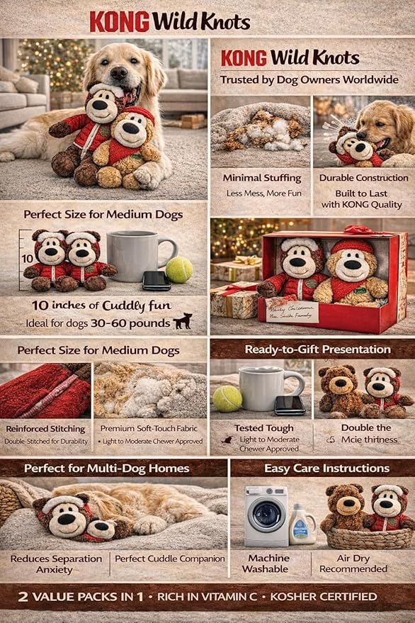 Kong Dog Toys 2-Pack Wild Knots Bears - Durable Plush Squeaker Toys with Internal Rope, Minimal Stuffing, Gift Box for Medium Dogs