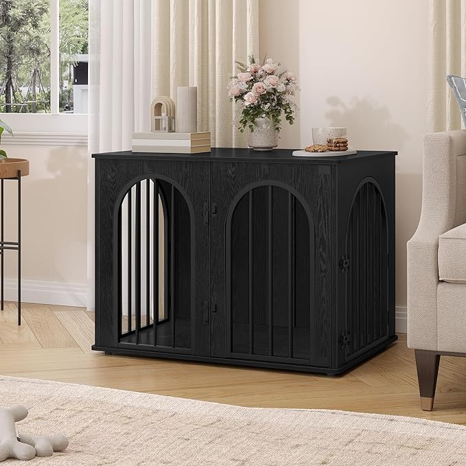 Hzuaneri 31.5'' Wooden Dog Crate Furniture, Indoor Dog Kennel Dogs Cage for Small/Medium Dogs, Heavy Duty Dog Crates Decorative Pet House End Side Table TV Stand, Black DFC85104B