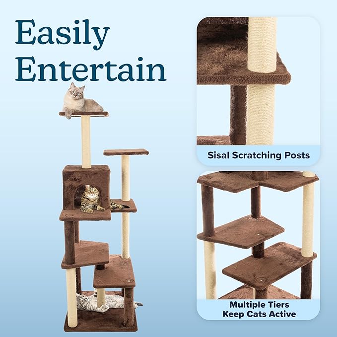 64 Inch Tall Cat Tree Tower - Cat Tower with Kitten Condo, Climbing Perches, and 5 Jute Rope Scratching Posts - Multi-Level Kitten Tree and Climbing Activity Furniture by PETMAKER (Brown)