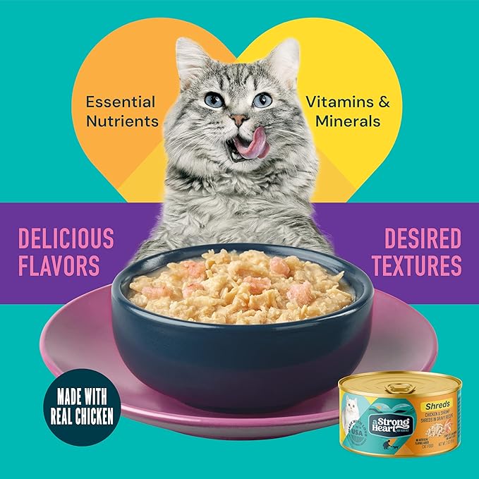 A Strong Heart Wet Cat Food, Chicken & Shrimp Shreds in Gravy, Made with Whole Muscle Chicken, Made in the USA, 3oz Can (Pack of 24)