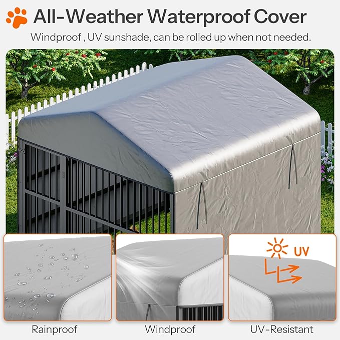 HOOBRO Dog Kennel Outdoor with Cover, 6.6 x 6.6 x 6.4 ft Dog Kennel Outside with Waterproof Roof and Rotating Feeding Bowls, Heavy-Duty Large Cage Enclosure, for Medium & Large Dogs, Black BK220GW03