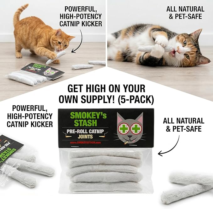 Smokey's Stash Funny Catnip Joint Toy for Cats (5-Pack) - High Potency All-Natural Catnip Kicker - Durable Hand-Rolled Cotton Novelty Cat Gift Interactive Kitten Toy Joints