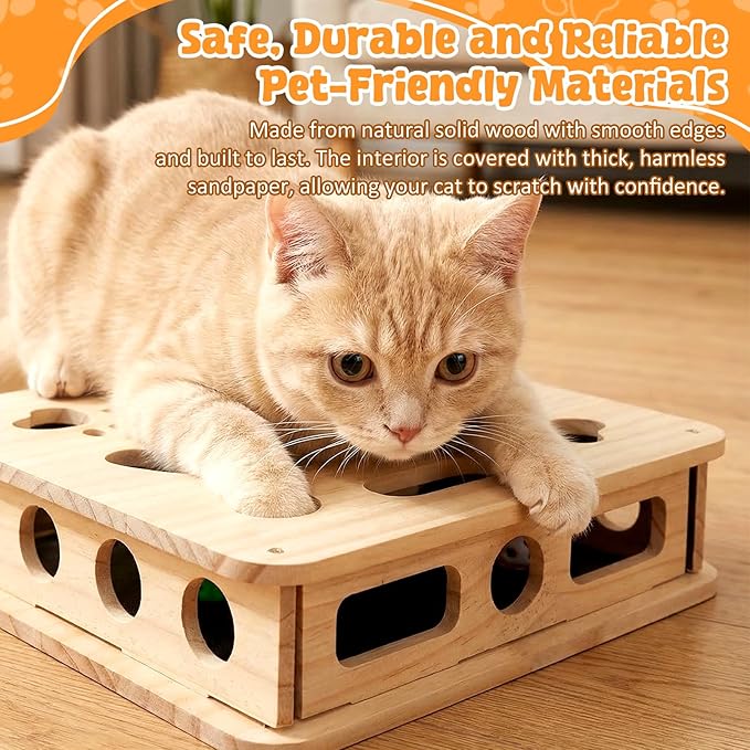 2026 Cat Scratch Puzzle Enrichment Box, Cat Nail File Enrichment Box, Includes Replacement Sandpaper, 3 Bell Balls & 1 Teaser Wand,Wooden Puzzle Treat Toy Box Stimulate Cat Instincts for Bored Cats