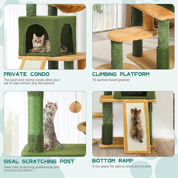 YITAHOME Tall Cat Tree Tower with Leaves for Indoor Cats, 72.8in Cute Cat Climbing Tower with Self-Grooming Brush, Cat Condo, Top Perch, Basktet, Sisal Scratching Posts and Board, Dangling Ball